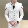 4 Renk Altın Düğme Çin Yaka Takım Elbise Ceket Slim Fit Erkek Blazer Desen Ordu Pilot Ceket Erkekler Siyah Mavi Kırmızı Beyaz Blazer