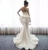 2019 Apliques de Renda Manga Comprida Sereia Vestidos de Casamento Sheer Neck Arábia Saudita Vestidos De Casamento Com Trem Acessível Vestidos de Noiva