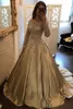 New Vintage 2018 Prom Dress Champagne gold Sheer Neck Top Lace Applique Formal Evening Gown Long Sleeve Elegant Satin plus size Arabic Party