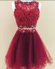 Fashion Dark Red Lace Cheap Homecoming Cocktail Dresses Sheer Neck A line Tulle Hollow Back Beads Sequin Ruched Short Evening prom dress