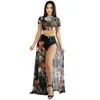 Sommer Folor-Länge Frauen 2 Stück Kleid 2018 Print Floral Crop Top mit langem Kleid Split Durchsichtig Maxi Bohemian Strandkleider Vestido