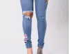 sexy Jeans Elastic hole embroidered high waist ladies denim pants European and American style plus size