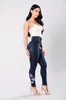 2018 Nueva moda Denim Bordado floral Cintura alta Skinny Jeans Mujer Slim Jeans Pant Plus Size S-3XL