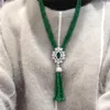 Verkaufe natürliche grüne Jade Micro Inlay Zirkon Verschluss Quaste Halskette lange Pullover Kette Modeschmuck245T