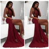 Vestidos de fiesta de sirena de borgoña sexy Vestidos largos de encaje divididos de encaje alto 2018 Vestidos de fiesta formal de gasa Robe De Soiree