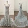 Vintage Dantel Tül Mermaid Gelinlik Sheer Mürettebat Boyun Kolsuz Backless Gümüş Gelinlikler Ekli Tren Büyük Yay Ile