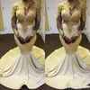 South African mermaid prom dresses White Gold Appliques High Neck Sheer Sleeve Evening Dress Black Girl Plus Size Formal Party Gowns online