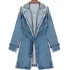Novo casaco solto Plus Size Trench Womens Long Denim Trench Revestimento Mulheres Outerwear