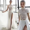 Lace Boho Beach Suknie ślubne z koralikami wysokiej szyi Bohemian ślubne suknie ślubne A STRONY LINII Podział Szyfonowy Vestido de Novia 415