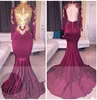 New African Burgundy Long Sleeve Gold Lace Prom Dresses Mermaid Satin Applique Beaded High Neck Backless Court Train Prom Party Gowns