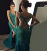 Sexy Gold Bling Prom Dresses Mermaid Crystal Beaded V-Neck High Side Split Floor Length Tulle Satin Long Formal Evening Gowns Custom