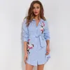 Women Striped Shirt Dresses Spring Summer Embroidery Flower Dress Sashes Single Breasted Irregular Design Casual Clothing Wear