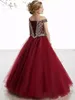 2024 New Hot Bury Red Teal Princess Pageant Scoop Crystal Beads Tulle Puffy Kids Party Birthday Gowns Flower Girls Dresses 403