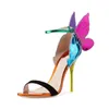 Mode designer schoenen gemengde kleuren spiegelen vlinder hiel dames sandalen open teen stiletto sandales hoek vleugels enkel gesp riem sandalias mujer verano 2022