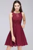 Burgundy Lace Beaded A Line Chiffon Short Homecoming Dresses Cocktail Party Dresses For Young Girls Jewel Neck Graduation Gowns HY208