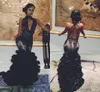 2018 Afrikaanse zeemeermin prom jurken zwart hoge nek sleutelgat kant applique pailletten backless 3D bloemen tiered avondjurk dragen feestjurken