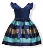 Fashion Puff Sleeves Mix Color Stripe Jacquard Party Dress for Girls Wedding Satin Europe and American Princess Dresses fit 3-10 Years kids