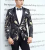 2018 NEW Tide Men BLACK Floral Print Fashion Casual Suits Latest Coat Pant Designs Wedding Groom Stage Costume