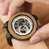 Montre mécanique en bois pour hommes, boîtier Design rétro avec étiquette dorée à côté, automatique et multifonctionnelle, 255u