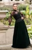 2019 Modest Long Sleeves Evening Dresses Sheer Lace High Neck Dark Green Velvet Floor Length Formal Prom Party Gowns Sash Handmade Flower