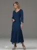 Tea Längd Navy Mor av bruden Klänningar V Neck Half Sleeve Pärlor Chiffon Formell Klänning Plus Storlek Bröllop Gästklänning