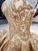 Gorgeous Golden Dubai Bröllopsklänningar Sparkly Sequins Crystal Lace Sheer Back Wedding Gown Luxury Chapel Train Vestido de Novia Bröllop Dres