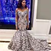 Gümüş Gelinlik Yüksek Boyun Boncuk Dantel Aplike Uzun Kollu Ünlü Parti Elbise Seksi 3D Gül Uzun Denizkızı Balo Elbise See Through