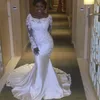 패션 아프리카 인어 웨딩 드레스 보트 넥 레이스 아플리케이션 페르시 긴 소매 신부 드레스 매력적인 섹시한 스윕 기차 웨딩 드레스