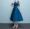 Elegante Kleider für die Brautmutter aus Satin mit Tüll, Spitze, Reißverschluss hinten, Teelänge, Kleid für die Brautmutter, günstig in Übergröße