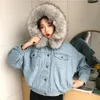 MCCKLE Women Winter Thick Jean Jacket Faux Fur Collar Fleece Hooded Denim Coat Female Lamb Fur Padded Warm Denim Jacket Outwear