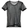 Fashion Mens Sexy T-shirt Singlet Plaid Transparent Mesh V Neck T Shirts Gay Male Exotic Tshirt Club Wear Sleepwear Undershirt