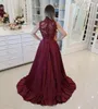 2019 Delicado Borgonha Vestidos de Baile de Alta Neck Sem Mangas Frisado Lace Apliques Ilusão Top Ver Através de Volta Vestido de Festa de Noite de Comprimento Total