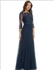 2017 Hot Robe De Soiree navy blue Formal Bridesmaid Dresses Lace Scoop Neck Sheer Three Quarter Sleeves Floor Length maid of honor gowns