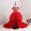 Red High Low Девушки Pageant платья с коротким рукавом из органзы кружева аппликация Блестки бисера оборками Цветочницы Первое причастие платье Дети