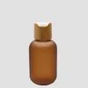 120ml Amber Frostat Plast Lotionflaska Med Bamboo Cap (Skruvlock / Pumpmunstycke / Spray Atomizer / Chiaki Cover) F956