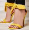 2018 Newest Brand Designer Pink Yellow Suede High Heel Sandals Ankle Big Bow knot Gladiator Sandal Shoes Single Strap Thin Heel Pumps
