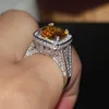 Size 5/6/7/8/9/10 Luxury Jewelry 14KT White Gold Filled Cushion Shape Gold Topaz 192PCS Tiny CZ Diamond Gemstones Women Wedding Band Ring