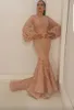 Yousef Aljasmi Mermaid Prom Dresses Jewel Neck z długim rękawem Sweep Pociąg Szampana Koronki Wieczorowe Suknie Plus Size Formalna Dress Wear Wear