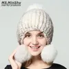 Echte nertsen hoed vrouwen winter bontmuts met 3 ballen Echte bont cap mode ladys bobble mutsen vos bont ballen ms.minshu