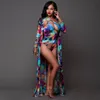 2018 summer, European and American bursting printing, ink and ink swimming suit, long sleeved coat and two suit of one shoulder swimsuit