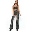 New european fashion women's sexy snake print spaghetti strap crop top vest and flare long pants 2 pieces twinset SML