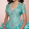 Masquerade Ball Gowns Luxury Crystals Princess Puffy Quinceanera Dresses Turquoise Ruffles Vestidos De 16 Dresses With Bolero Jacket