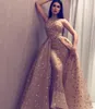 Великолепная Dubai Русалка платье с Overskirt Sexy High Neck Хрустальные бусины рукавов Вечерние платья Sexy тюль партия платье Новоселье