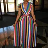 Lato Nowe Czeski Rainbow Pionowe pionowe paski Drukuj Maxi Dress Sexy Głębokie Ve Neck Vestidos Party Długa Sukienka Wzburzyć Bez Rękawów Bodycon Dres
