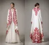 Elegant Long Sleeves Evening Dresses White Red Embroidery Satin Chiffon Saudi Arabic Women Formal Dresses Indian Party Dresses