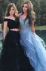 Twee stuk zwart wit prom dresses 2018 off-schouder top kant vloer lengte avondjurken tiered vintage arabische echte vakantie feest goedkoop