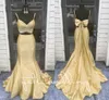 Nyaste stil 2018 Light Sky Blue Mermaid Prom Dresses Spaghetti Straps Pleated Tafta Bow Backless Purple Gold Two Piece Prom Dre7842507