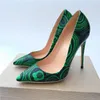 2018 imprimés verts, talons hauts pointus, chaussures sexy et fines à la mode, chaussures à semelle, personnalisées de 33 à 45 mètres.