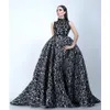 Yousef Aljasmi Mermaid Lace Evening Dresses With Detachable Train Beaded Arabic Prom Gowns Sweep Train High Neck Formal Dress