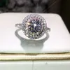 Prezent na Boże Narodzenie gorąca sprzedaż oszałamiająca luksusowa biżuteria 925 srebro kolor różowy biały szafir CZ diament okrągły krój kobiety obrączka pierścionek
